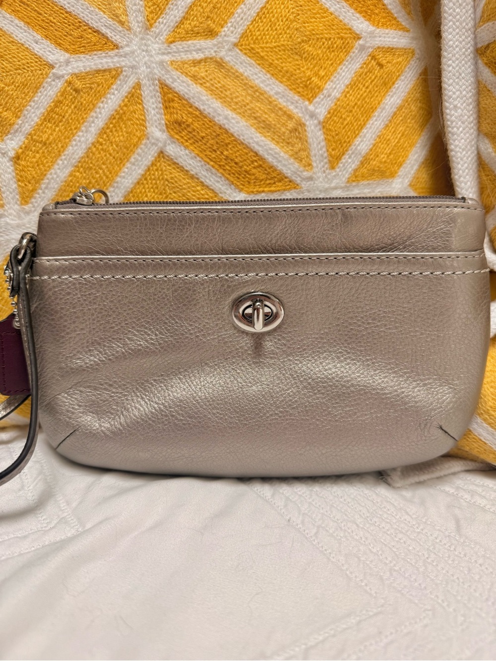 Coach Metallic Taupe Leather Wristlet with Silver Hardware